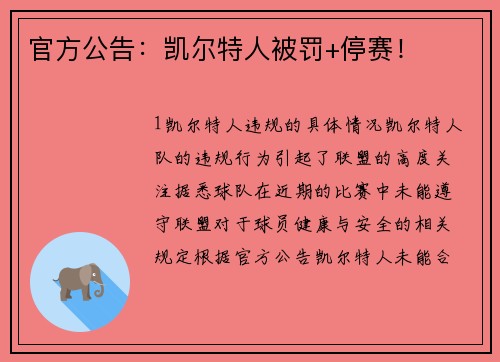 官方公告：凯尔特人被罚+停赛！