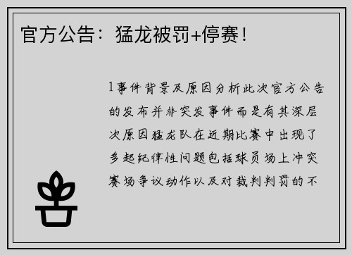 官方公告：猛龙被罚+停赛！